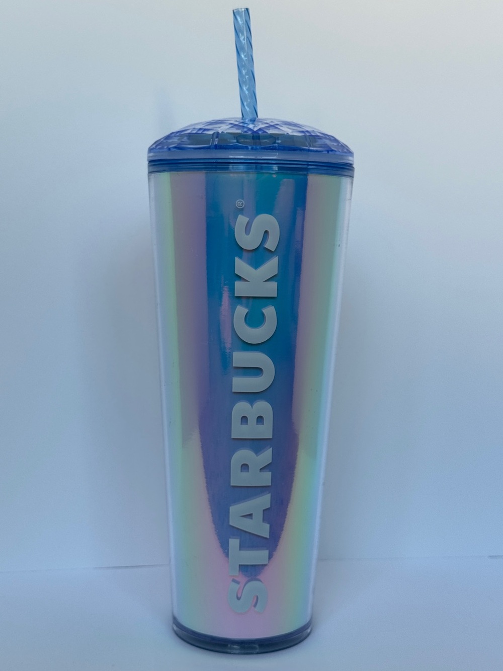 Starbucks Iridescent Pearl Blue Tumbler with Blue Dome Style Lid and Straw